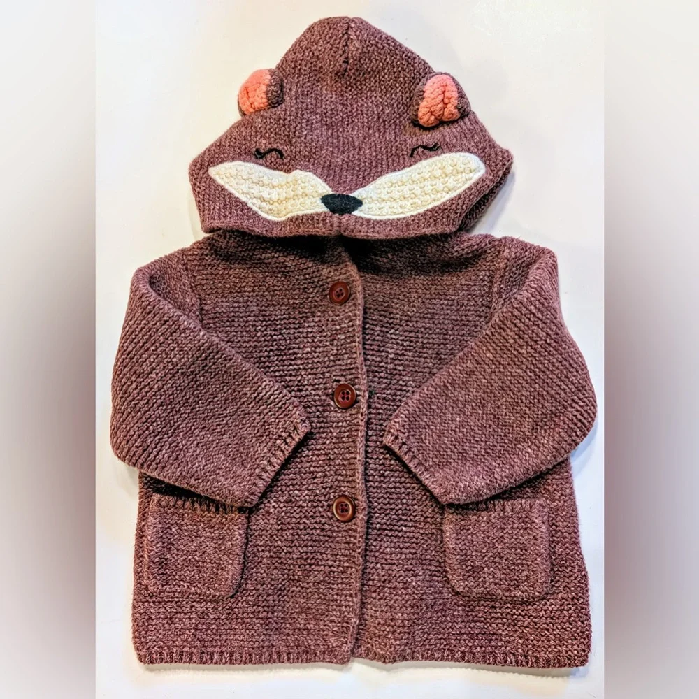 Baby Gap Plum Knit Cardigan size 3-6 Animal Face Hood
